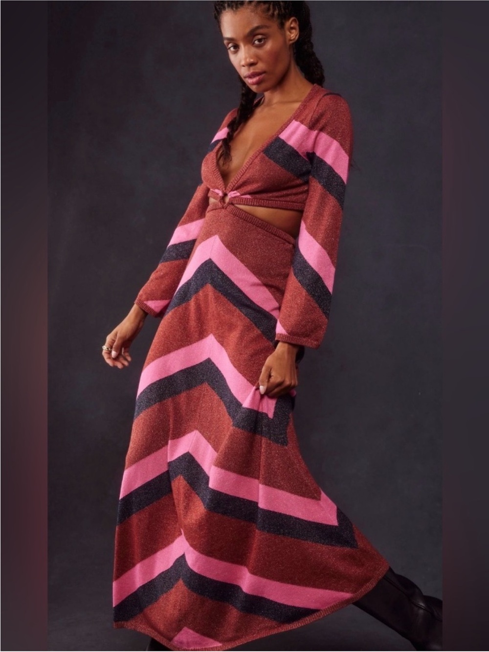 Spell Mylee Knit Maxi Gown in Brown, Pink & Black Chevron - Picture 2 of 9